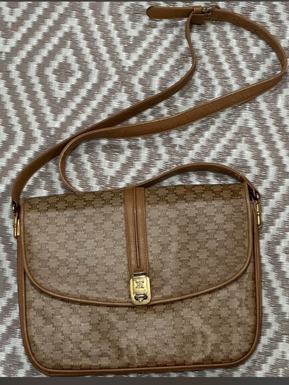 Celine signature tan Macadam print shoulder bag . authentic